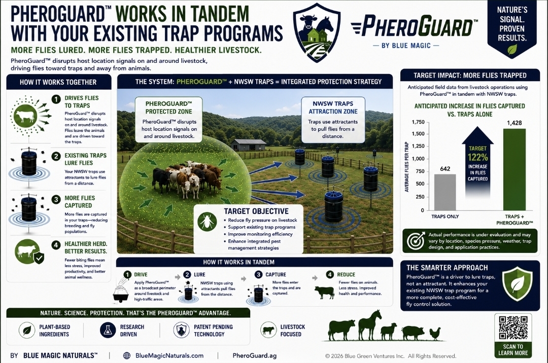 PheroGuard works in tandem with existing trap programs — protected zone disrupts host-location signals on livestock while NWSW traps pull flies from a distance, driving more flies toward traps and away from animals.