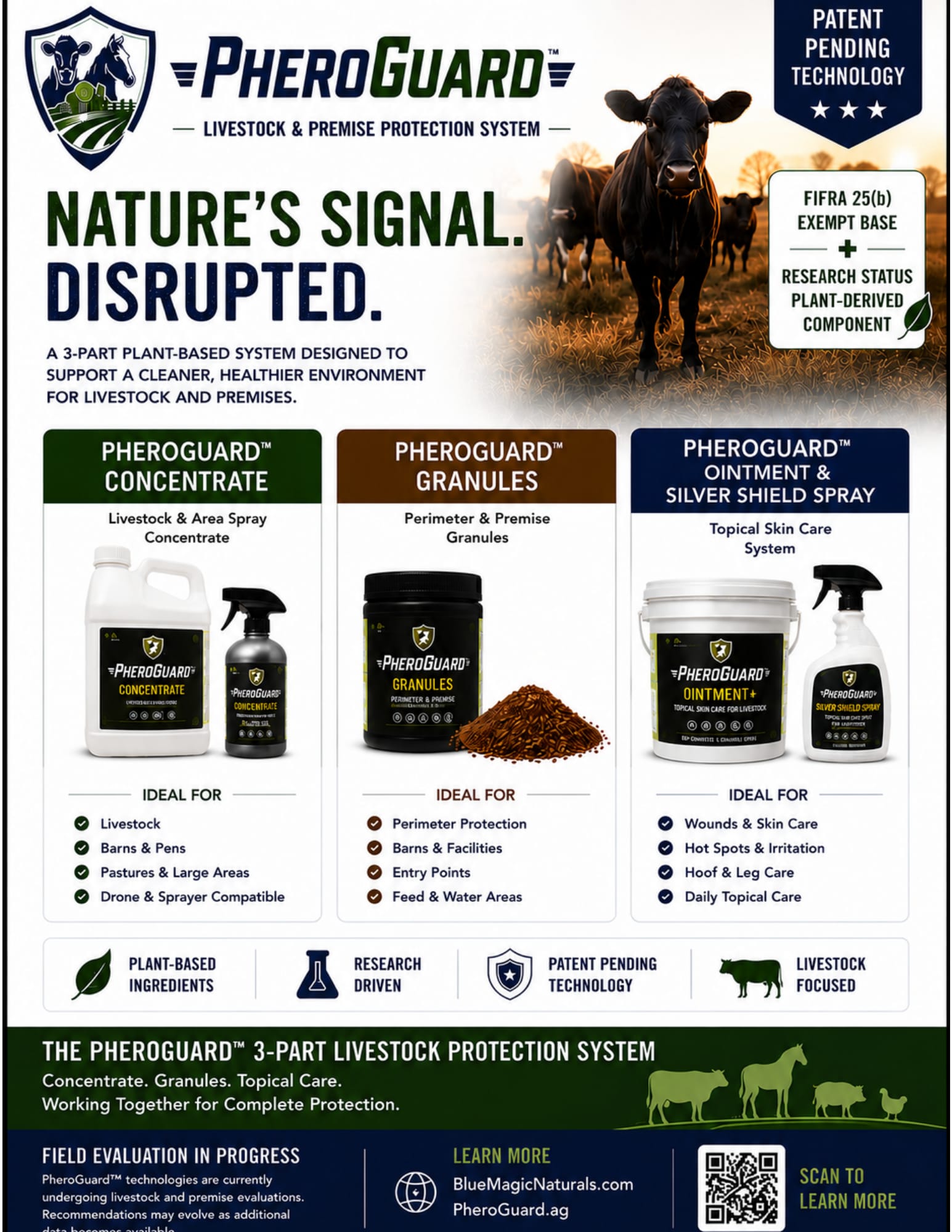 PheroGuard 3-part livestock and premise protection system — Concentrate, Perimeter Granules, and Ointment + Silver Shield Spray. Plant-based, research driven, patent pending.